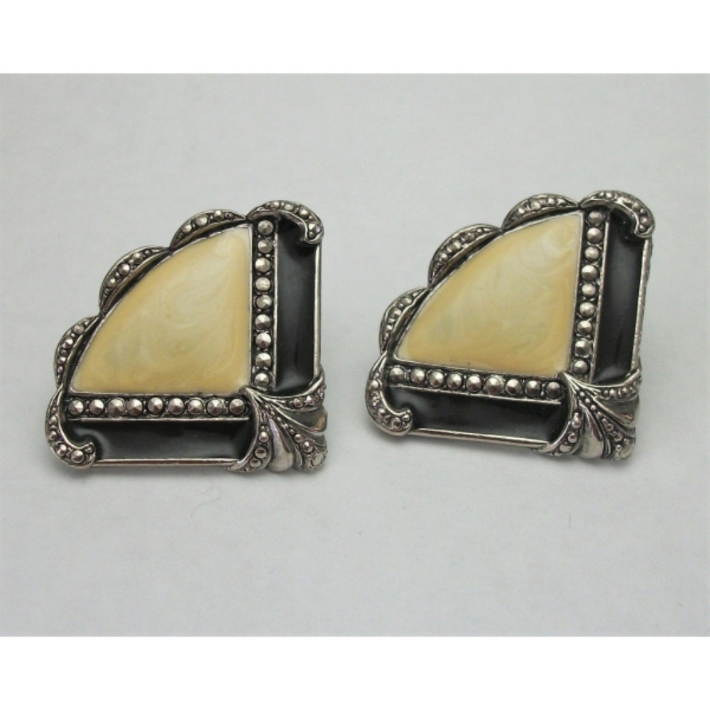 Avon Pierced FAN EARRINGS Black & Pearlized Faux MARCASITE Nickel Free VTG 1990s